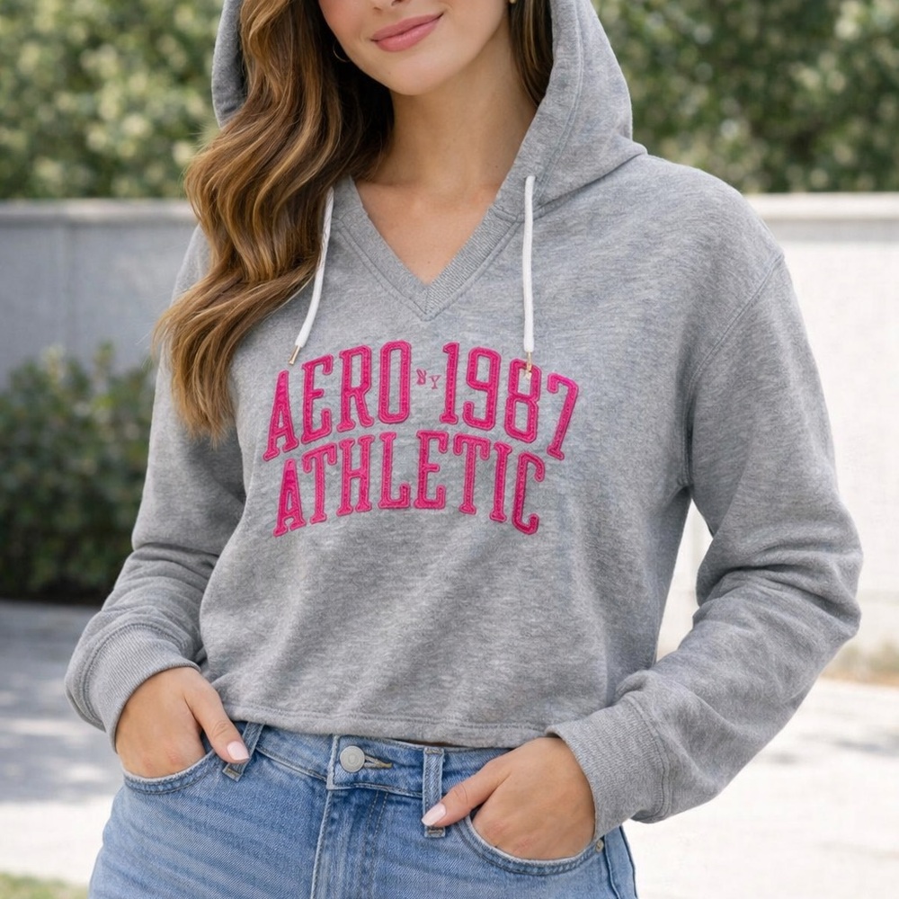 Aeropostale Gray Hoodie with Pink AERO 1987 Athletic Logo